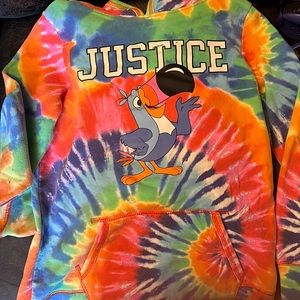 Justice fruit loops tie dye hoodie. Some wear on lettering. in good condition